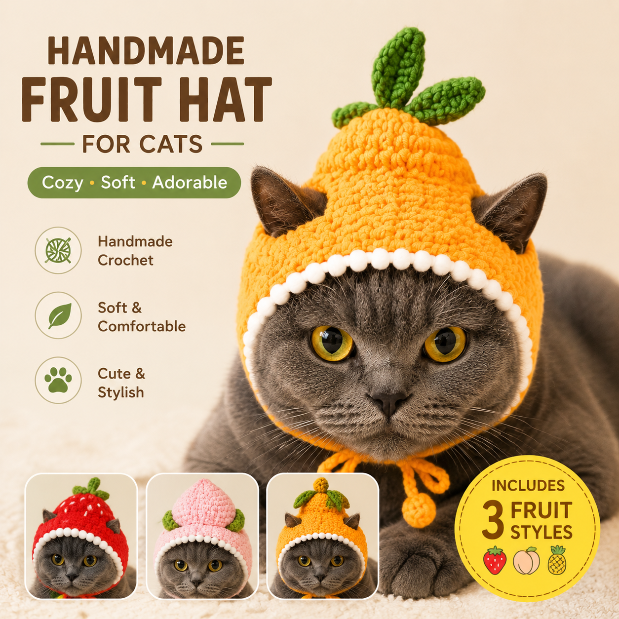 Handmade Crochet Fruit Cat Hat Pattern – Digital PDF Download, DIY Pet Costume Pattern