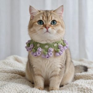 Crochet Wisteria Pet Collar Pattern with lavender flowers and green leaves