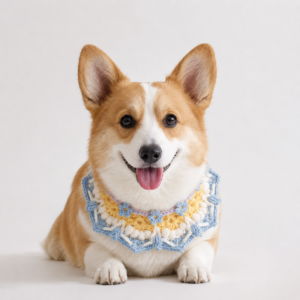 Crochet dog collar pattern with blue yellow and white floral details