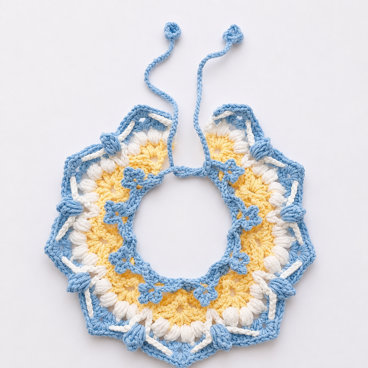 Blue yellow and white crochet dog collar pattern detail